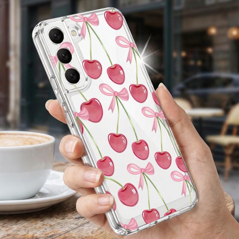 Cherry Bowknots Case For Samsung A57 S26 Ultra A37 A17 A56 A36 A26 A16 A55 A35 A25 A15 A54 5G S21 FE S22 S23 S24 S25 Plus Clear TPU Soft Cover