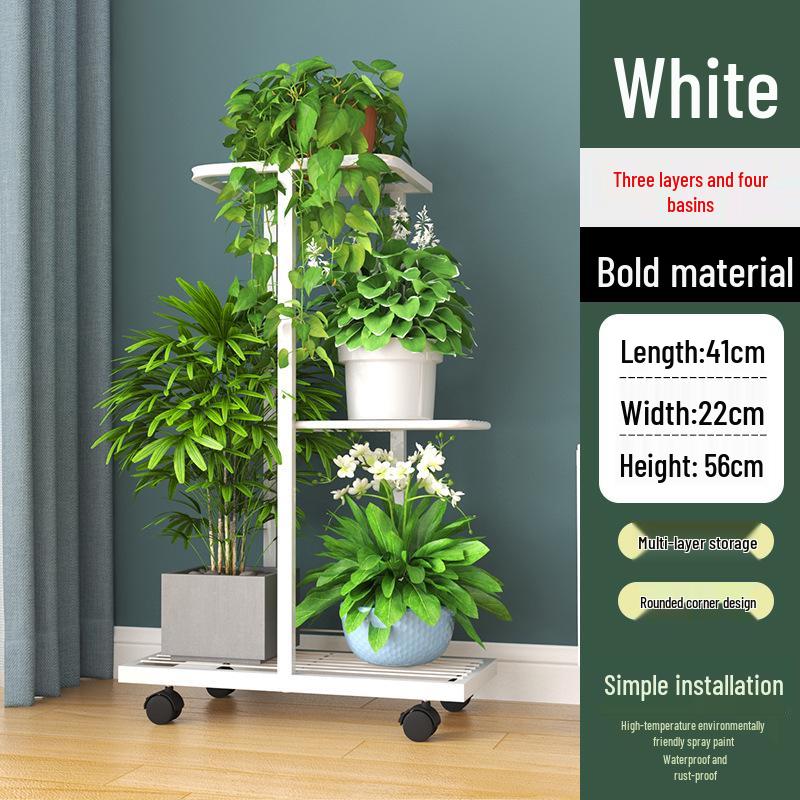 Multi-tier Wrought Iron Plant Stand: Movable Flower Pot Holder for Balcony or Living Room.
