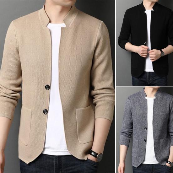 Stand Collar Long Sleeve Pockets Single Breasted Knitted Jacket Men Spring Autumn Solid Color Office Blazer Coat Male Clothing