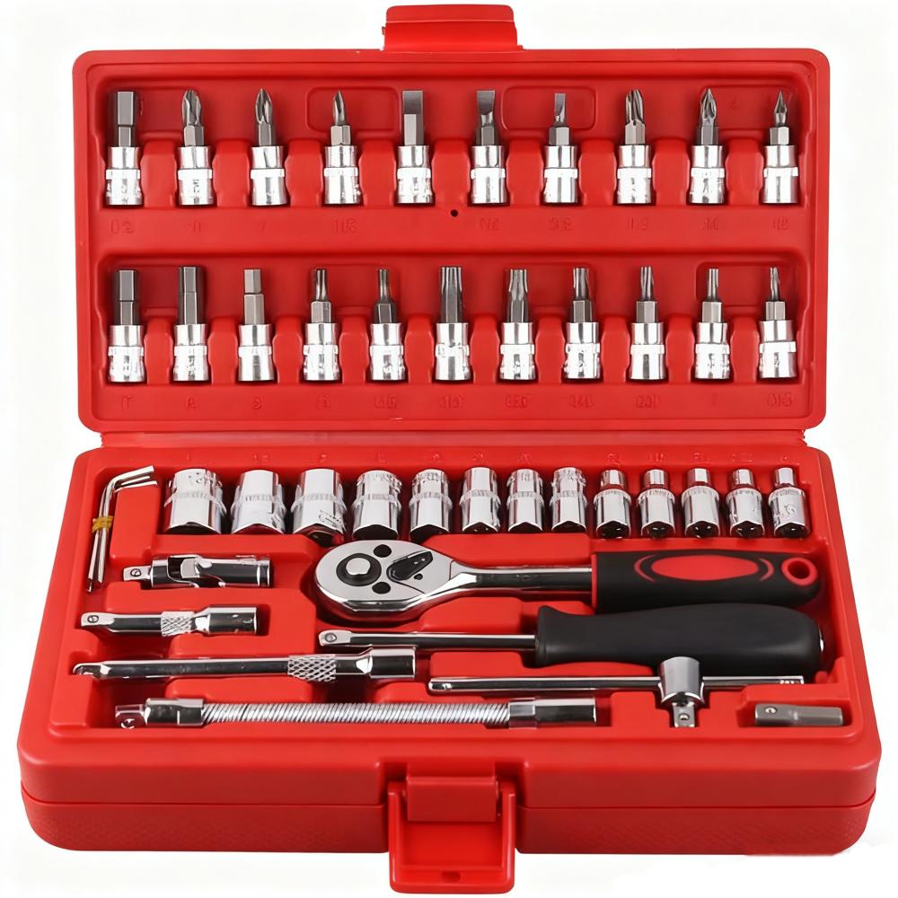 High Quality Professional 46PCS Home Car Repair Tool Set Grinders Drill Screwdriver Hand Tools Hard Case Portable and Efficient (Red,Hand Tool Kits&46 Piece) красный