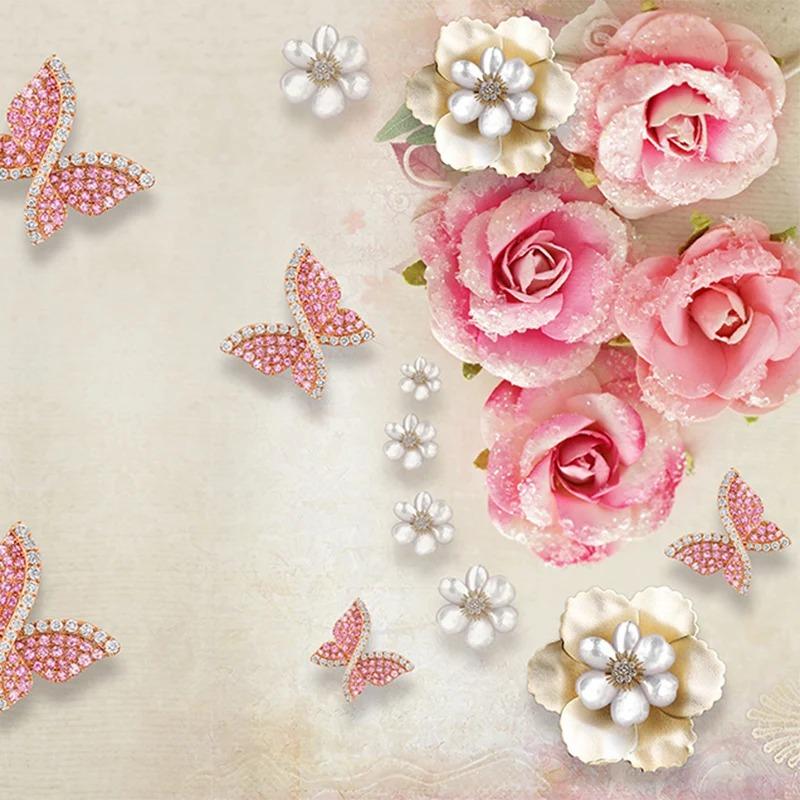 Papel de Parede 3d Estilo Europeu Retrô Joias Flor Borboleta Murais Sala de Estar TV Romântico 3d Afresco Decoração de Casa