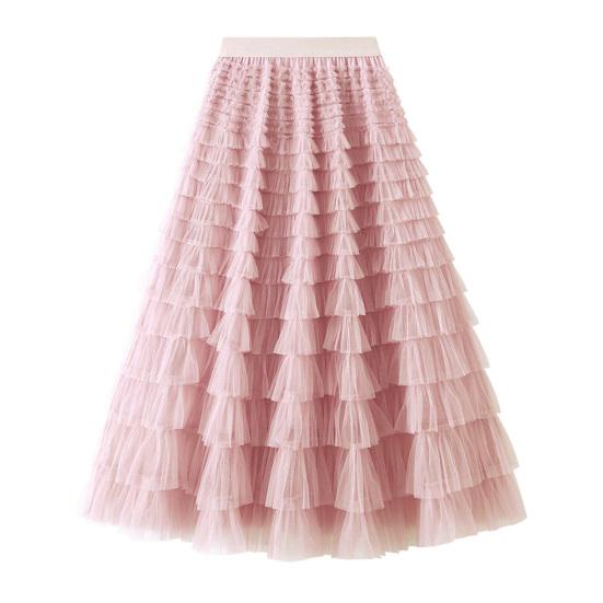 Cake Skirt Elastic High Waist A-Line Skirt Pure Color Multi Layer Ruffle Trim Mesh Hem Midi Skirt Work Leisure Wear