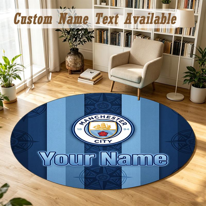 Round Rug Custom NameManchester City Pattern Non Slip Carpet Home Floor Decor