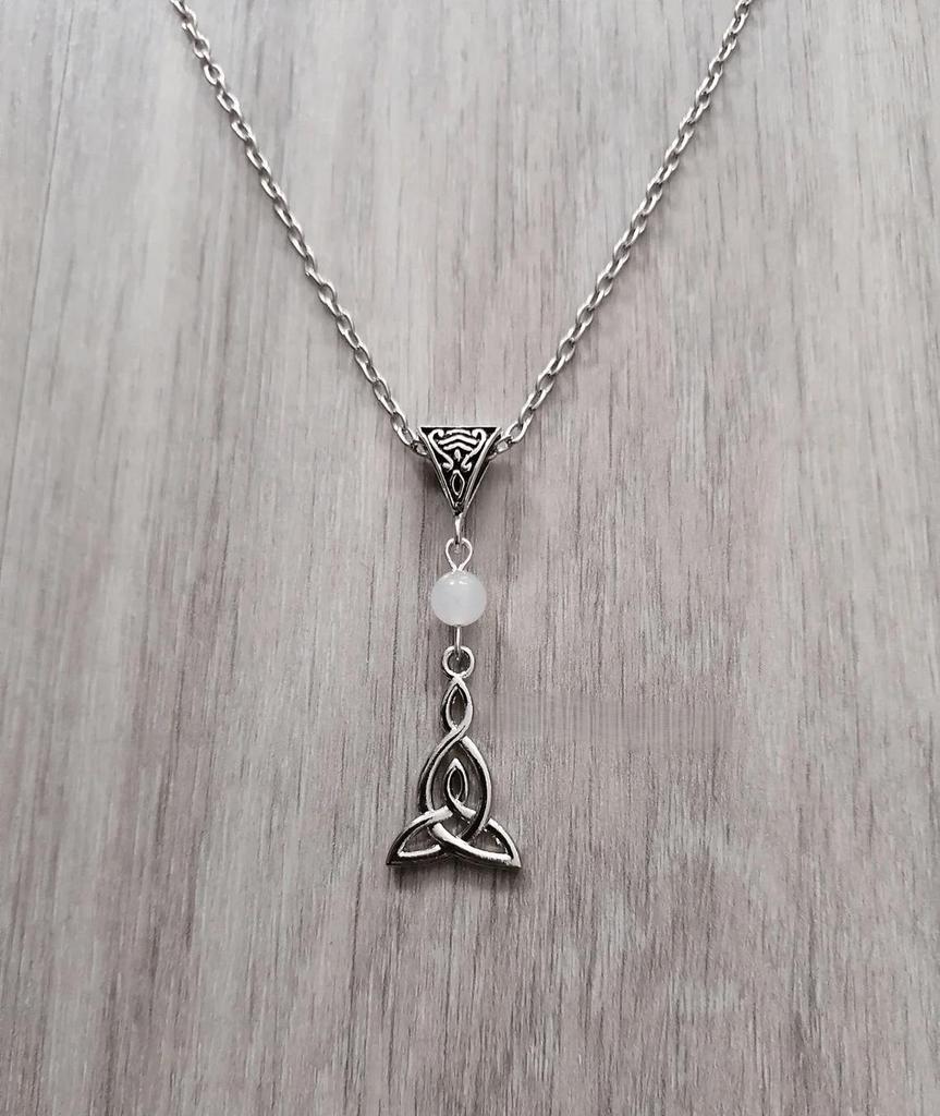 Victorian Gothic Celtic Knot Necklace with White Jade Beads Pagan Elf Jewelry