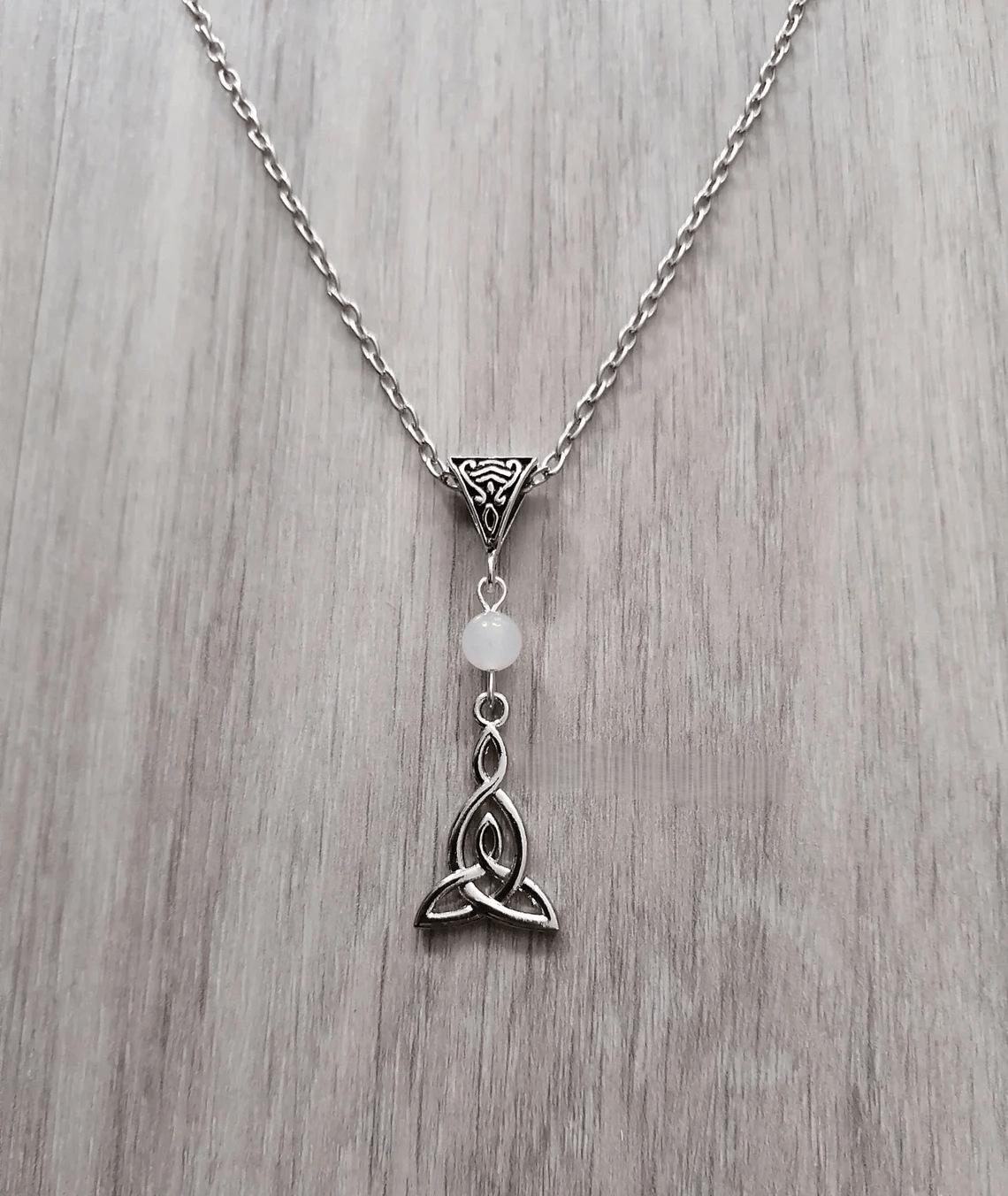 Victorian Gothic Celtic Knot Necklace with White Jade Beads Pagan Elf Jewelry