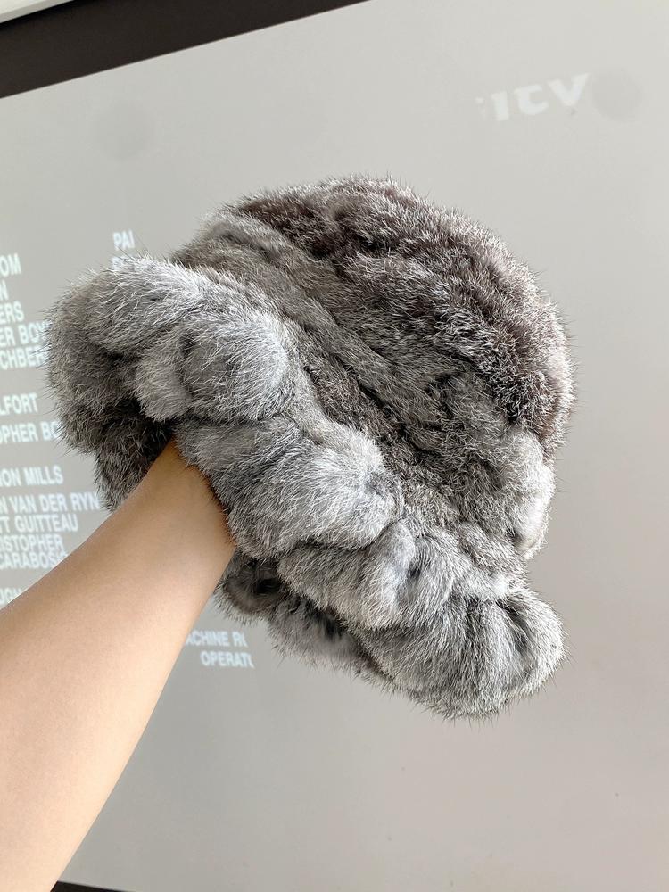 Real Rabbit Fur Hat Women's Winter Warm Double-sided Woven Thickened Ruffle Edge Bucket Hat Temperament Top Hat Basin Hat