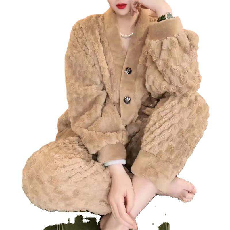Women's Solid Color Jacquard Flannel Pajama Set - V-Neck Cardigan Fleece Homewear for Autumn and Winter