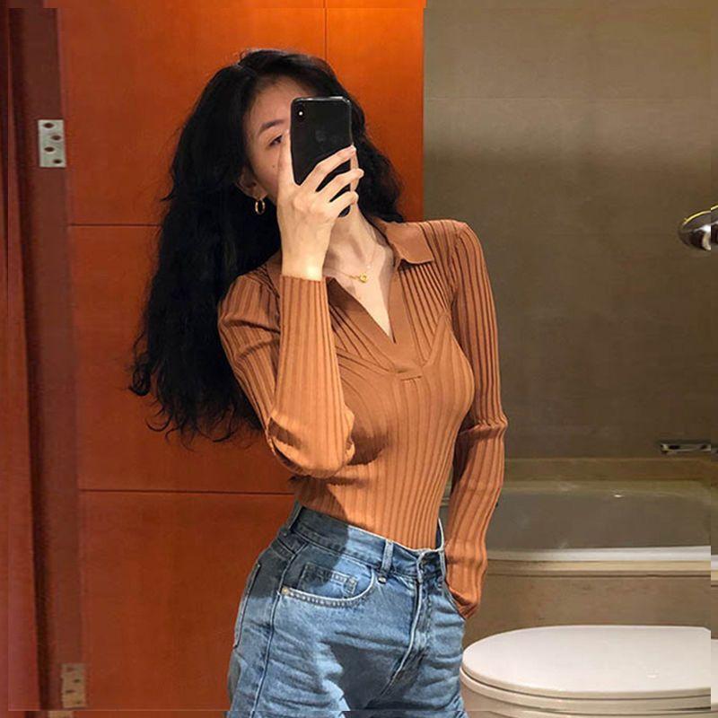 

Універсальний пуловер з V-подібним вирізом, в язана базова сорочка поло, жіночий осінньо-зимовий новий внутрішній стиль, стильний топ L коричневий