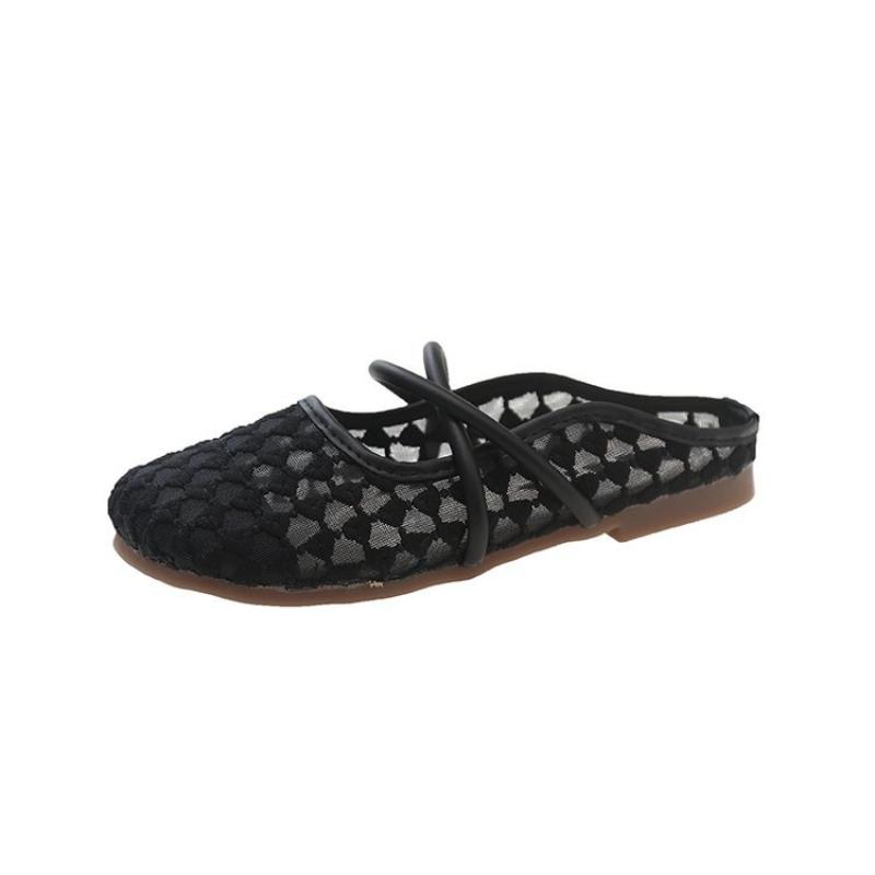 Summer Korean Style Flat Mesh Lace-Up Closed-Toe Slippers, Heelless Shallow Mouth Sandals for Women, Perfect for Outdoor Wear