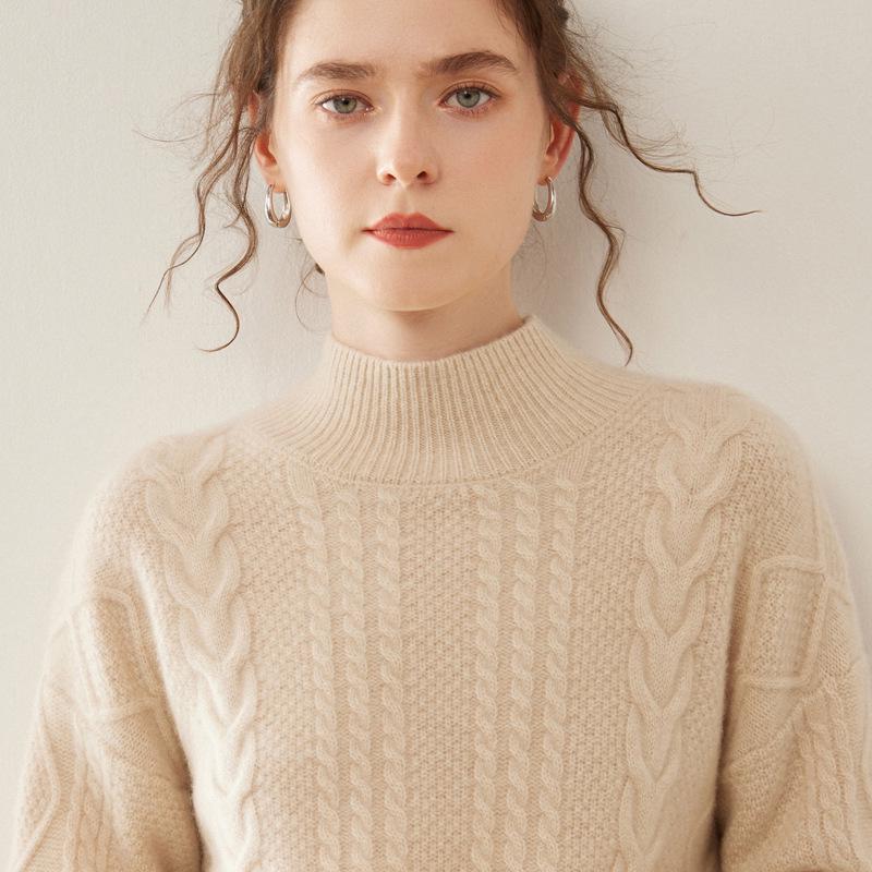 Women's 2025 Cashmere Cable Knit Pullover: Heavyweight, Half-High Collar, Loose, Slimming Sweater.