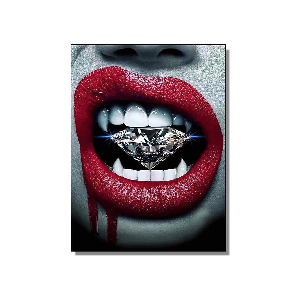 

Сексуальная женщина красные губы горящие доллары деньги постеры холст живопись роскошные часы мода настенное искусство гостиная домашний декор 20x30cm