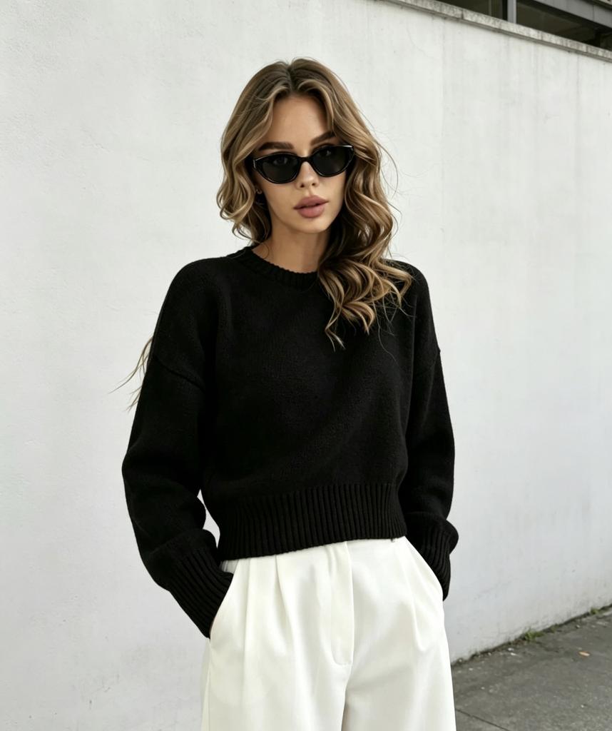 Foreign Trade Hot-selling Round Neck Solid Color Simple Temperament Versatile Loose Short Sweater Women's European and American Casual Knitted 