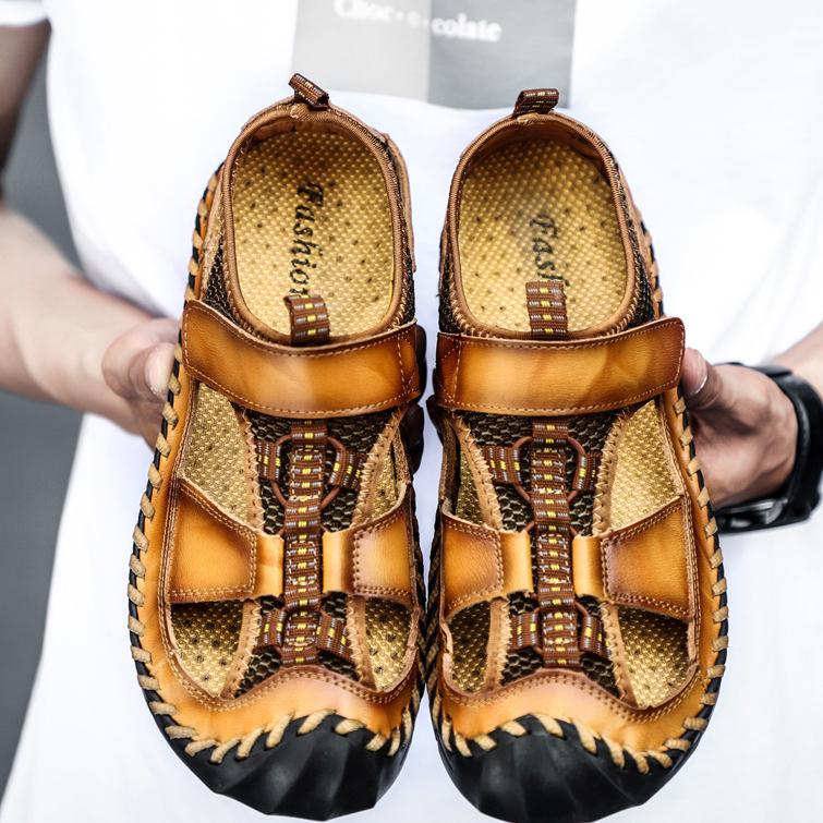 

Мужские сандалии ручной работы Уличные сандалии Кожаные сандалии Пляжная обувь Походные уличные кожаные сандалии 46 жёлтый