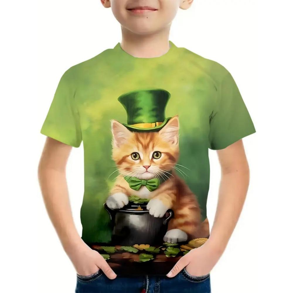 Hip Hop Cat Boy T-shirt Cute 3D Printed Boy Summer Short Sleeved Round Neck Casual Children's Top Outdoor Comfortable Children's Clothing