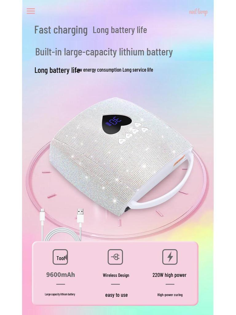 New 220W Rhinestone Smart Induction Nail Lamp with 33 Crystal Beads, Dual Light Source for Fast Nail Curing (White)