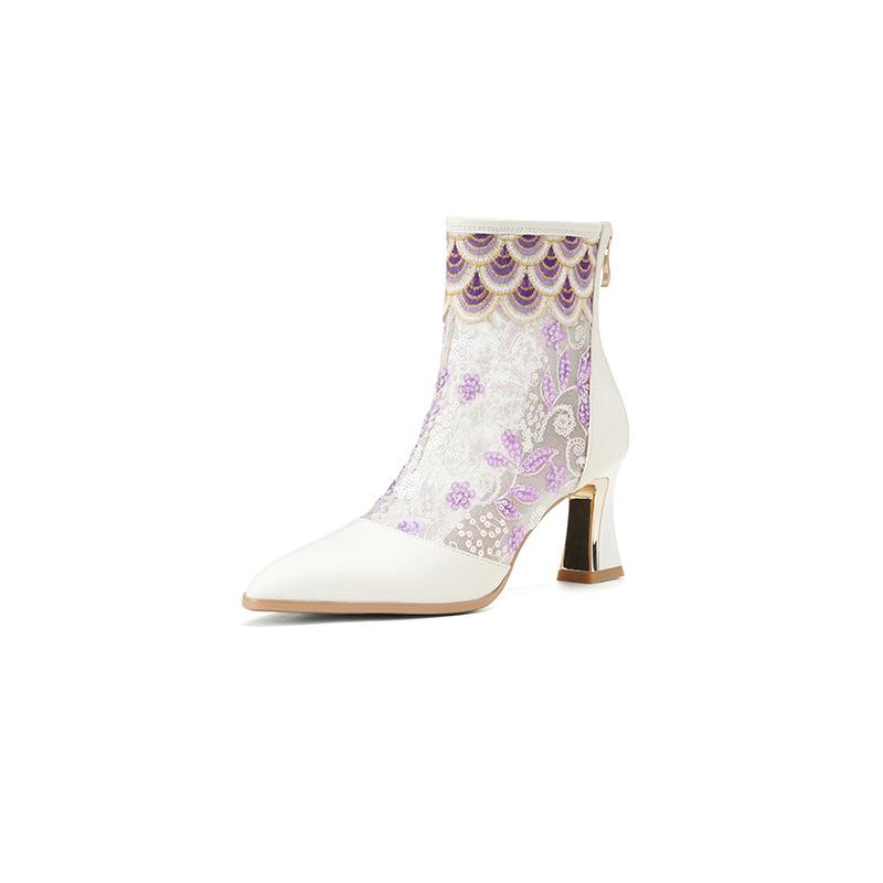 Krazing Pot Cow Skin Pointed Toe Summer Boots Fashion Air Mesh Bling Patch Appliques High Heels Embroidery Ankle Boots