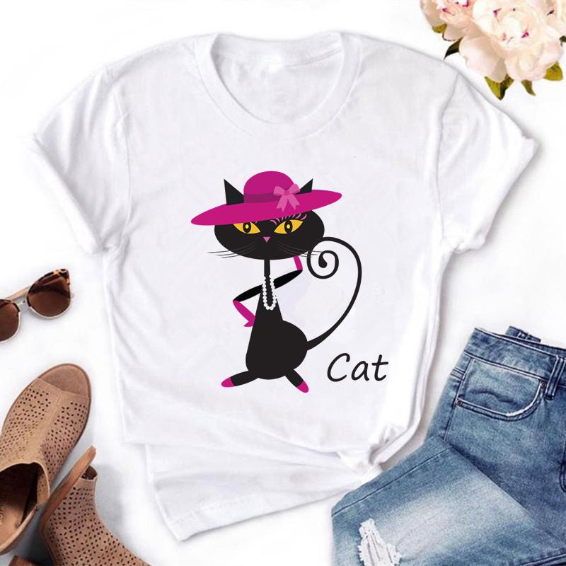Jixisheng Fashion Women T Shirt Cartoon Kawaii Cat Printing Tshirts Brand Woman Clothing Tops Tees