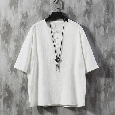 Leinen-T-Shirt im chinesischen Stil für Herren: Kurzarm, lockere Passform, Sommer-Baumwollmischung, geknöpft, trendiger Tang-Anzug