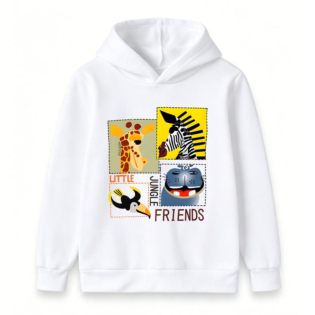 Kids Unisex Boys Girls Pullover Hoodie, Cute Little Jungle Friends Giraffe Zebra Hippo Toucan Graphic Casual Warm Hooded Sweatshirt for Daily Wear