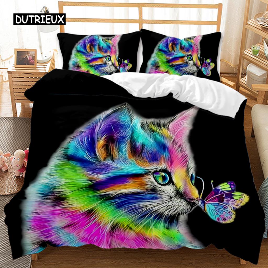 Katze Bettbezug Set Coole Katze mit Hut und scharfen Augen Tier Einzelbettwäsche Bettwäsche Queen King Size Polyester Steppdecke Bezug
