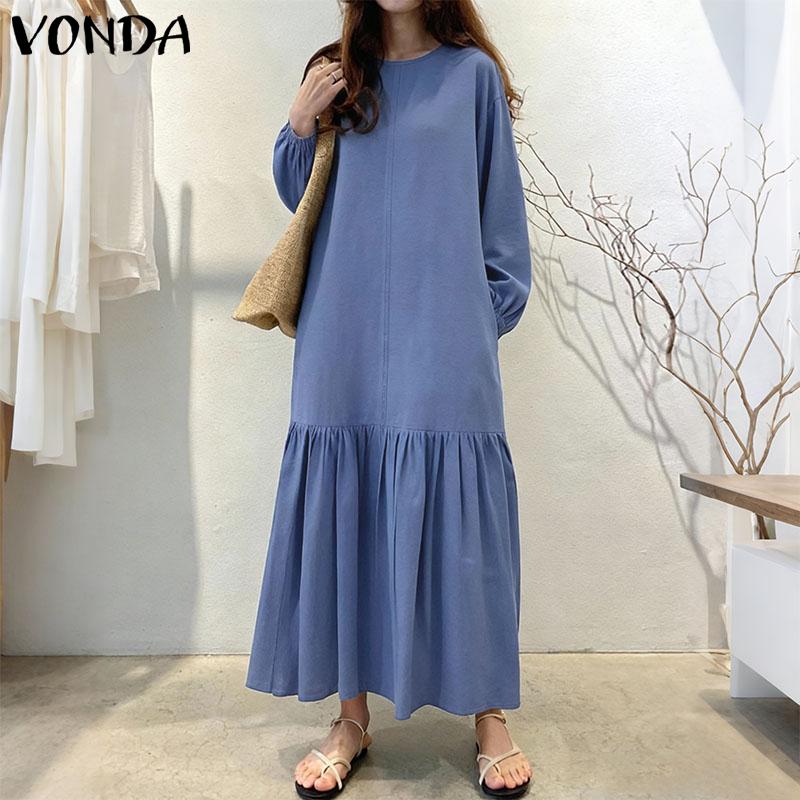 VONDA Women Round Neck Long Sleeve Casual Loose Ruffled Maxi Long Dress