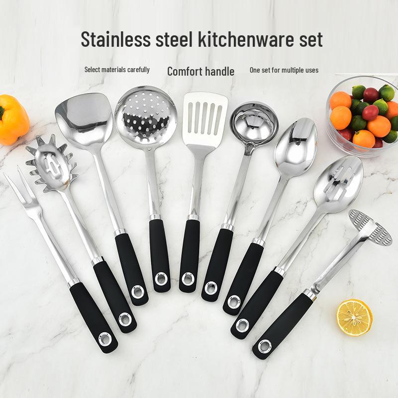 Sada kuchyňského náčiní z nerezové oceli: Stěrka, Lžíce, Lopatka a Mačkadlo na brambory
