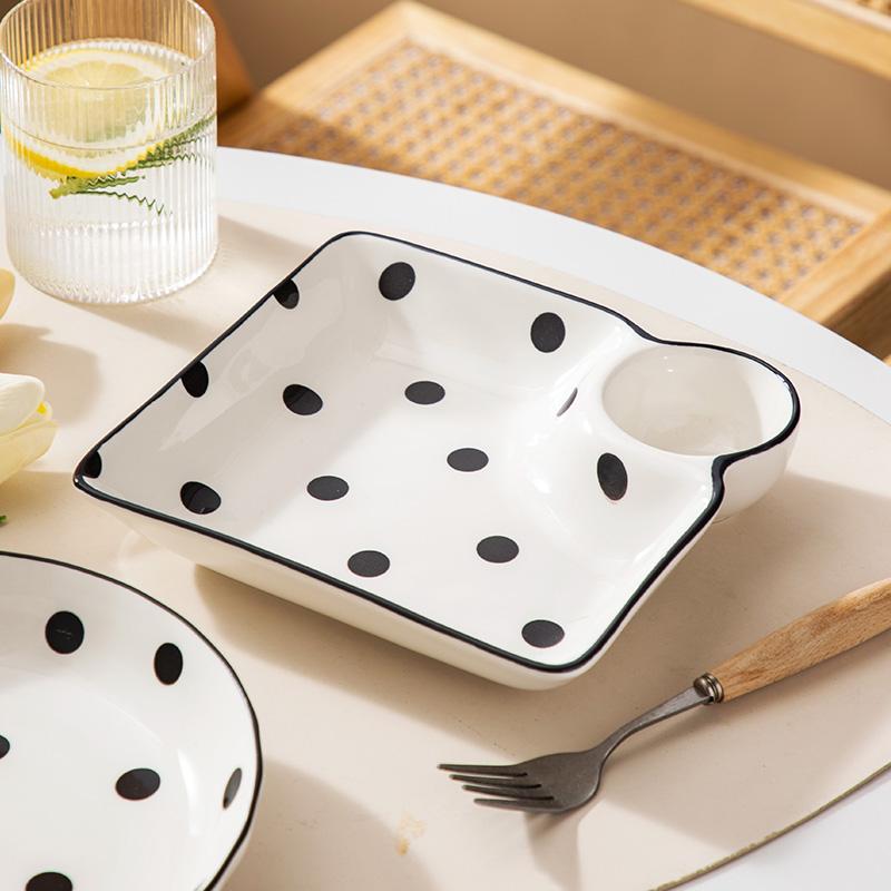 Polka Dot Square Dumplings Plates New Household Ceramic Dividing Plate with Vinegar Dish Creative Underglazed Colour Tableware