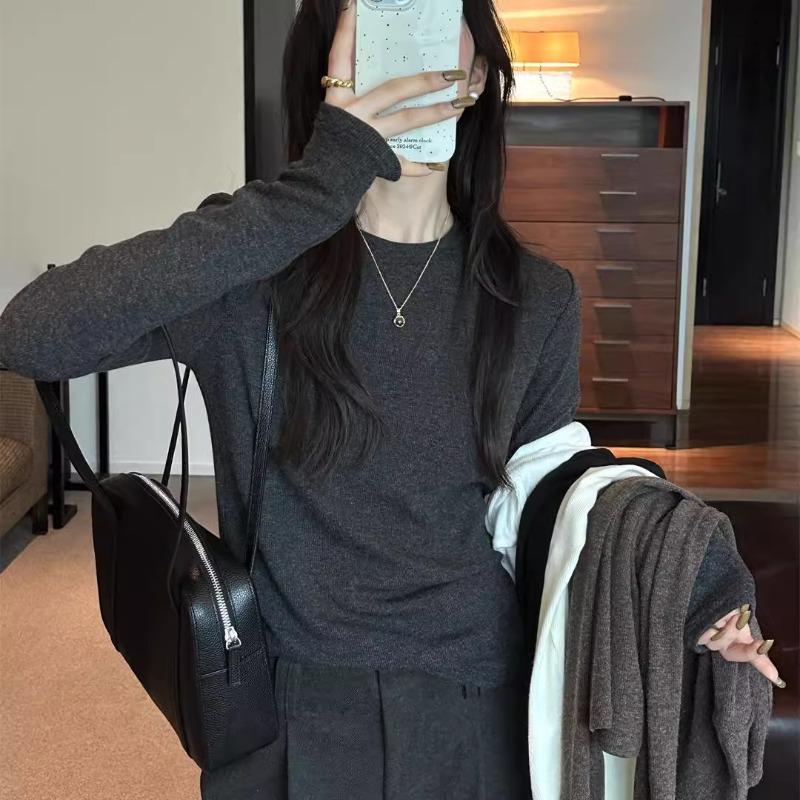 Gray Long-sleeved Bottoming Shirt for Women, Spring and Autumn New Style High-end T-shirt, Slim Solid Color Slimming Top