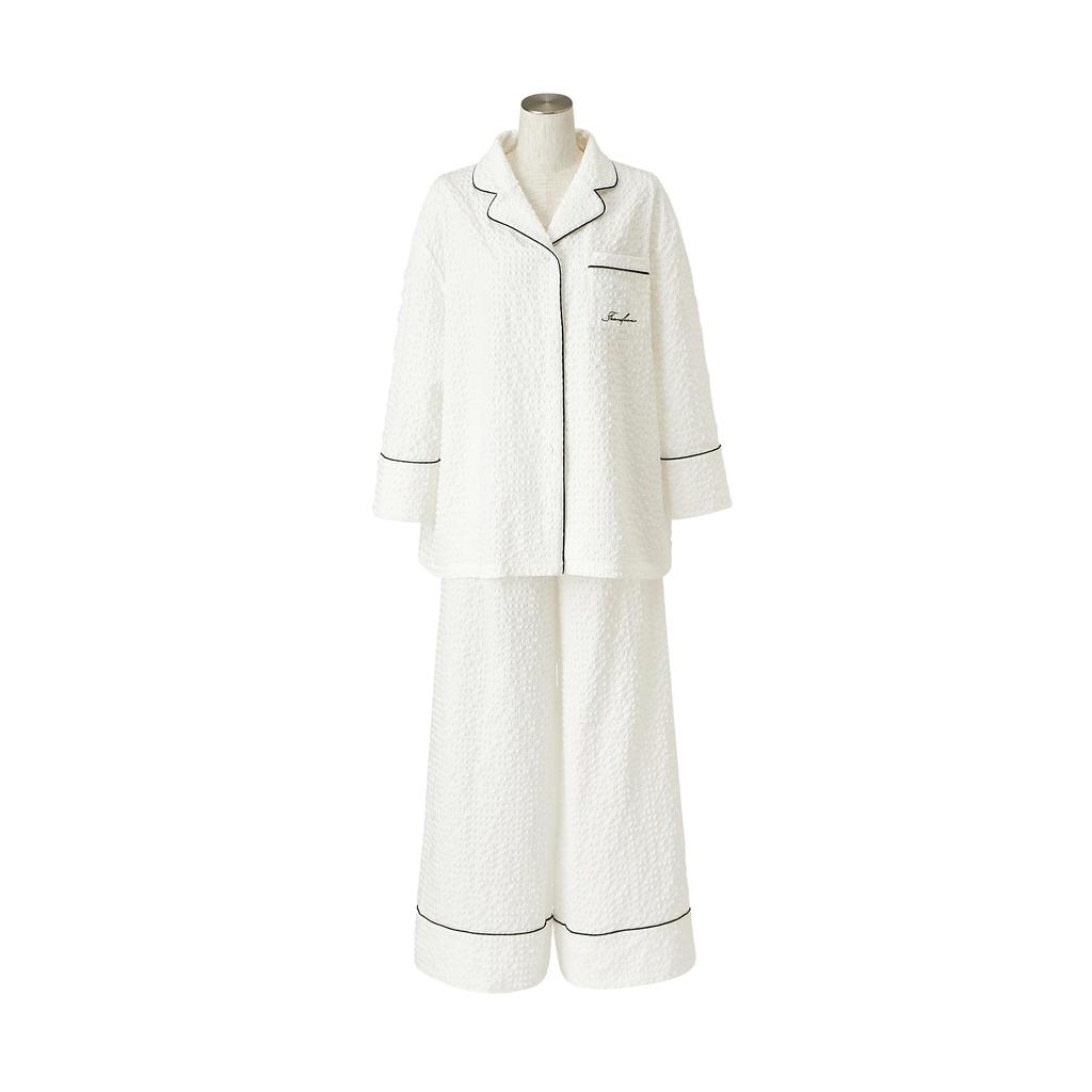 Francfranc Logo Embroidered Check Jacquard 2025 Top and Bottom Set Pajamas, White, Model, Loungewear/Relaxation Wear,