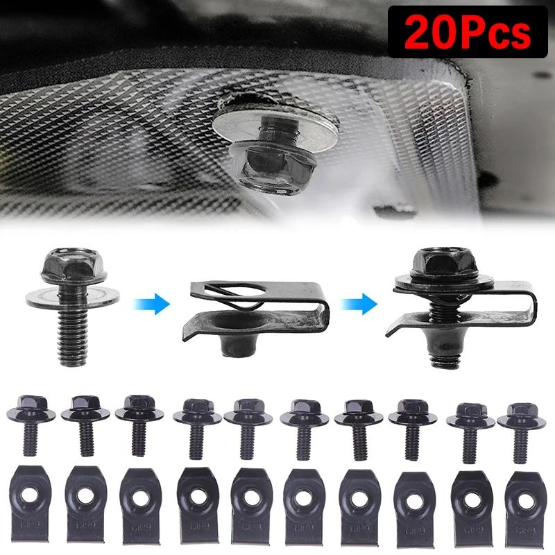 20Pcs Car Body Bolts&U-nut Clips M6 Engine Cover Undertray Splash Shield Guard Bumper Guard Liner Retainer Fastener Rivet Screw