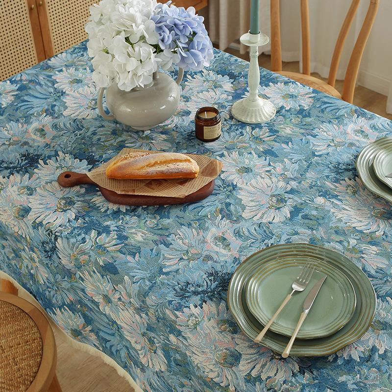 Vintage Floral Tablecloth American Oil Painting Style Thick Cotton Linen Jacquard for Tea Table