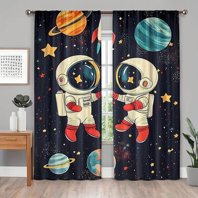 2Pcs Space Astronauts Blackout Curtains, Rod Pocket Polyester Panels, Hd Digital Print, Semi-Sheer Contemporary Design, Machine
