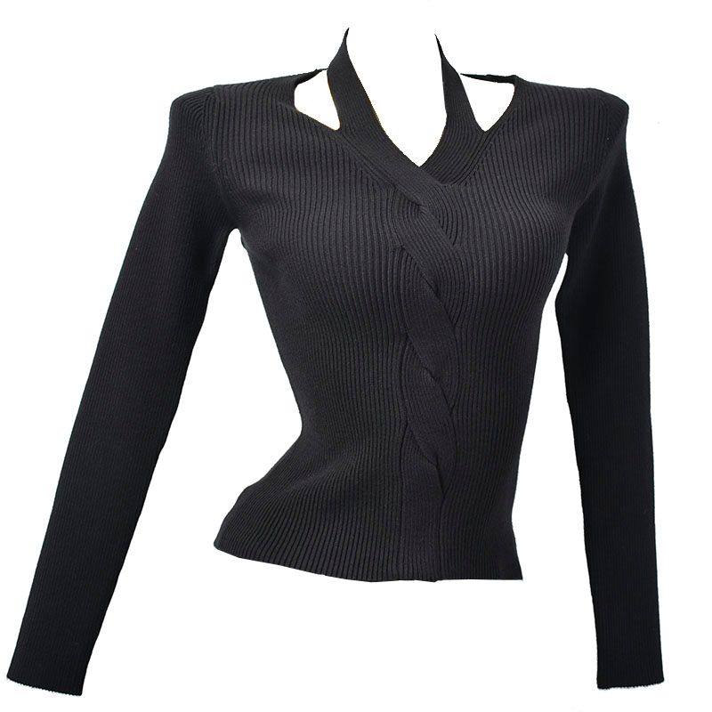 Classy Stylish Chic Short Bottoming Shirt Silm Women's Autumn and Winter Long Sleeves Knitted All-Matching V-neck Halter Tops