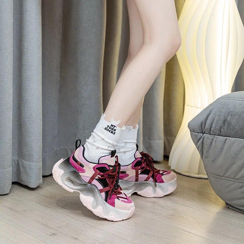 Fujin 5.5cm sintético couro genuíno pano tornozelo botas femininas plataforma cunha chunky tênis vulcanizar bombas sapatos de marca alta