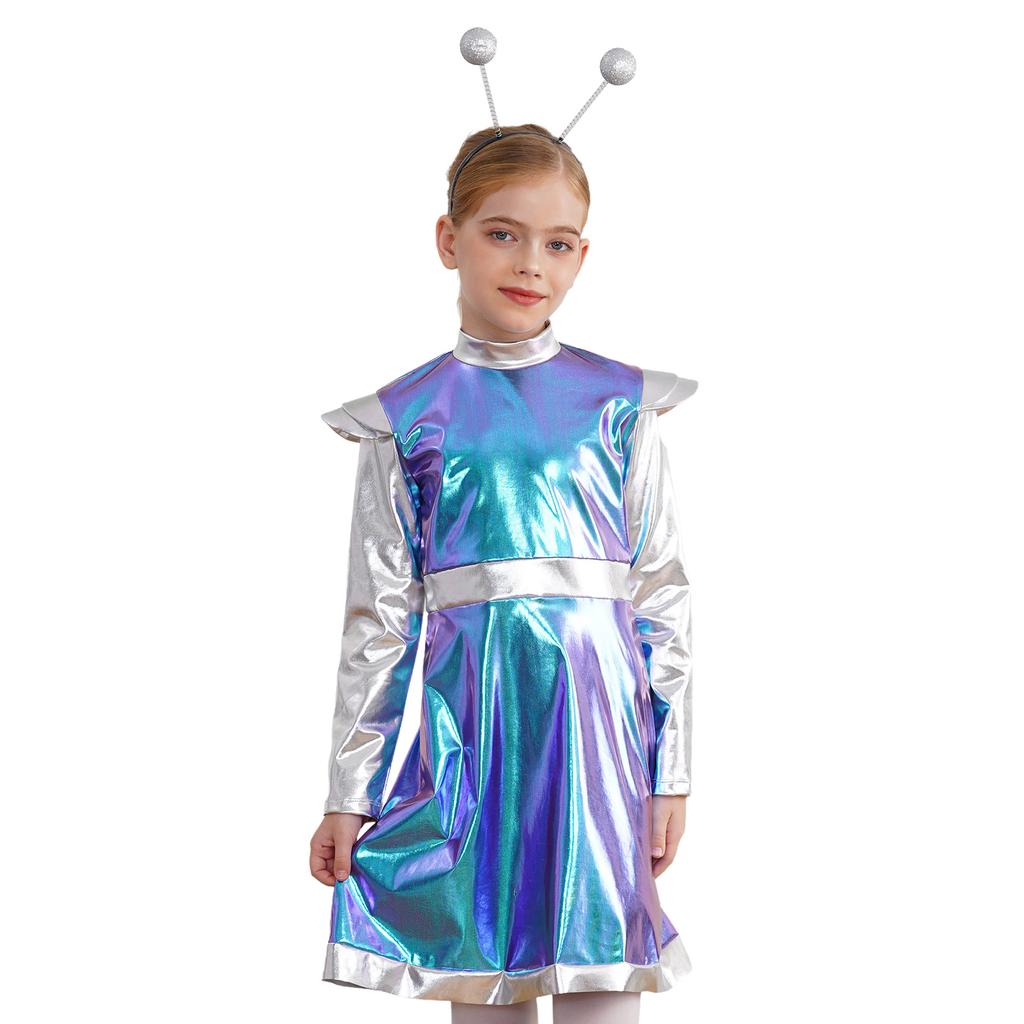 Girls Space Alien Costume Set 2 Pieces Outer Space Dress Alien Hair Hoop Cosplay Performance