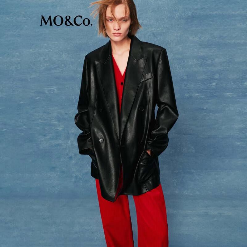 MO&Co. Women's Faux Leather Padded Shoulder Blazer