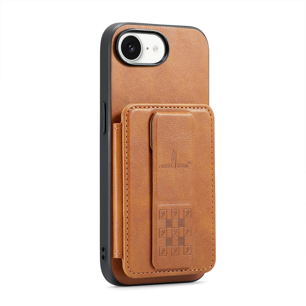 FIERRE SHANN 024 For iPhone 16e Case Card Holder Kickstand Waxy Texture Leather+TPU Phone Cover