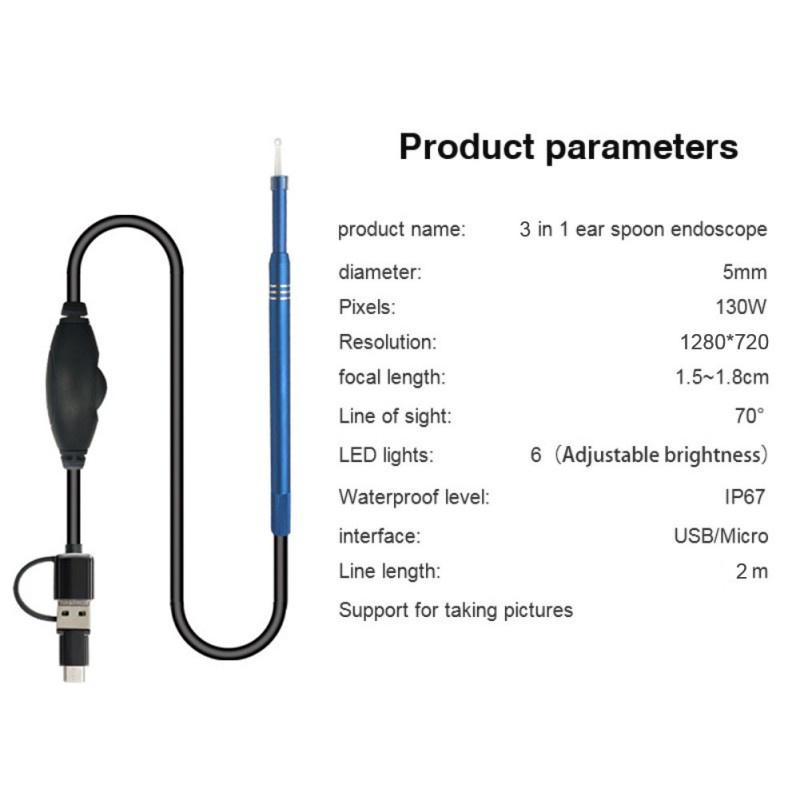 3 In 1 USB Endoscope HD Visual Ear Cleaning Earpick Spoon with 6 LED Light Ear Cleaning Tools