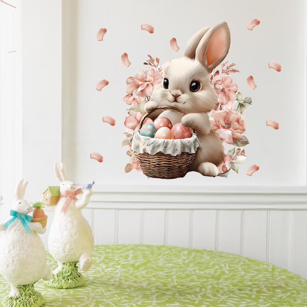 Easter Bunny with Eggs and Flower Basket Wall Sticker Self-Adhesive Removable for Bedroom Living Room Study Holiday Decor