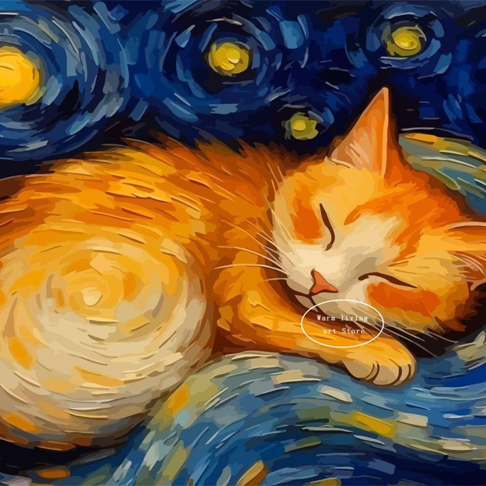 5D Diy Diamond Painting Cross Stitch Embroidery Mosaic Funny Black Cat Flower Van Gogh The Starry Night Full Round Drill Home Decor Wall Art Gift