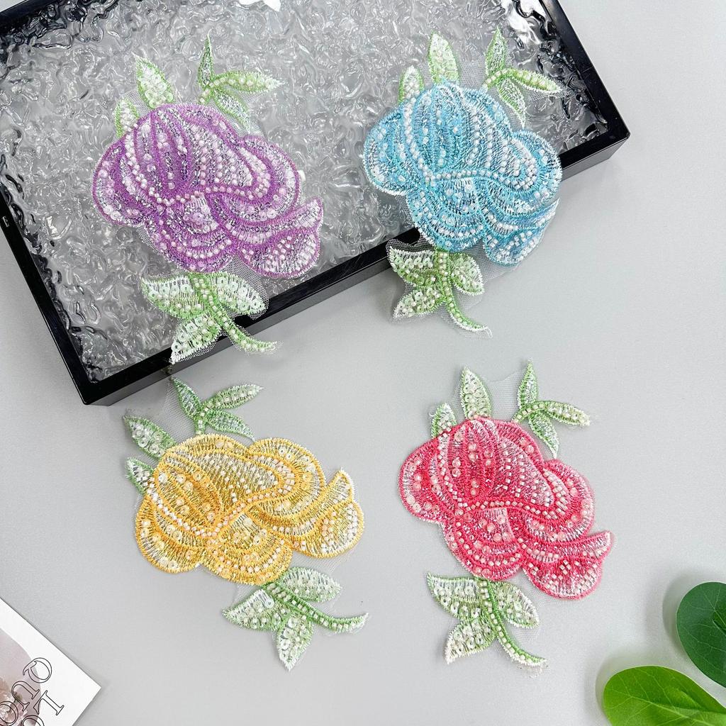 Multi-Color Handmade Beaded Sequins Three-Dimensional Rose Patch Clothing Top T-Shirt Decorative Cloth Sticker Accessories