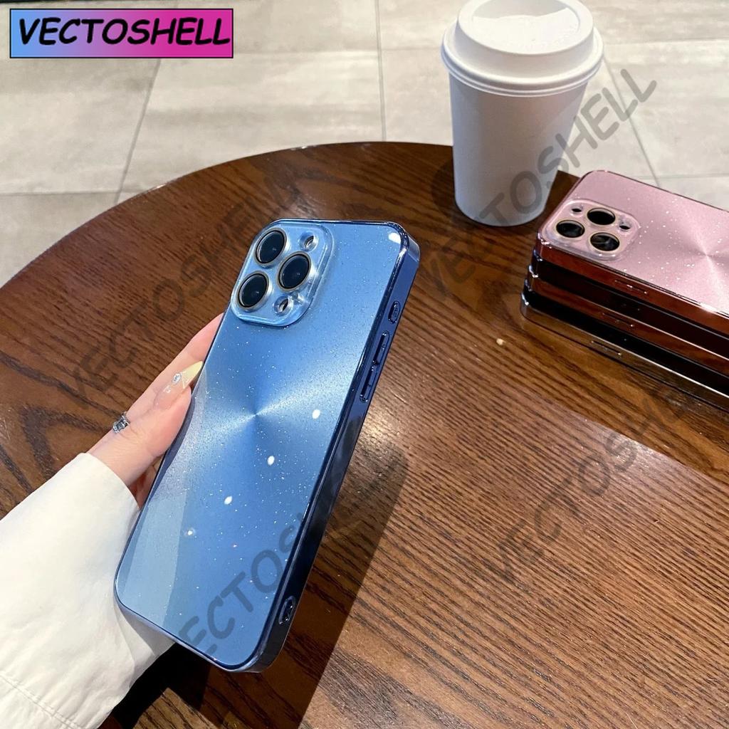 Luxury AG Plating Bling Glitter Glass Lens Protection Case For iPhone 16 15 14 Plus 13 12 11 Pro Max Laser Aurora Pattern Cover