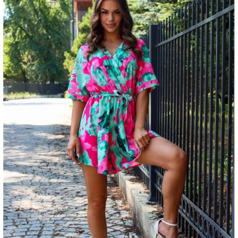 

Платье с коротким рукавом и V-образным вырезом, свободное, с цветочным принтом, на шнуровке, V-образный вырез, повседневный комбинезон-шорты Green 2XL