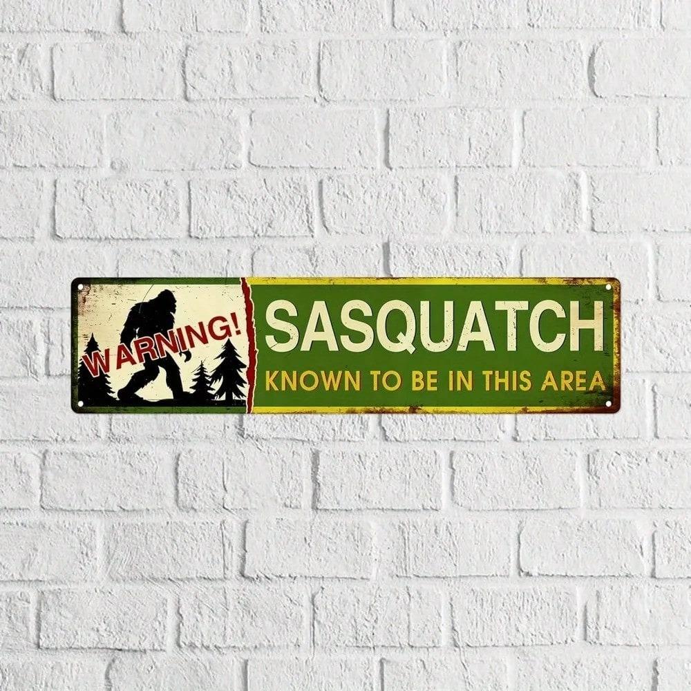 Rustic Sasquatch Metal Tin Sign 4x16 Inches, Vintage Green Yellow Wall Art, Black Silhouette