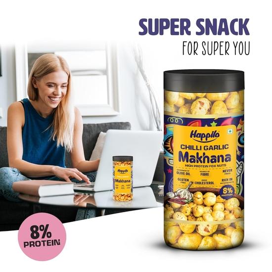 Happilo Premium Super Snack Makhana Chilli Garlic 60g, Roasted Foxnut Healthy Snack Low Calorie Gluten Free and Vegan
