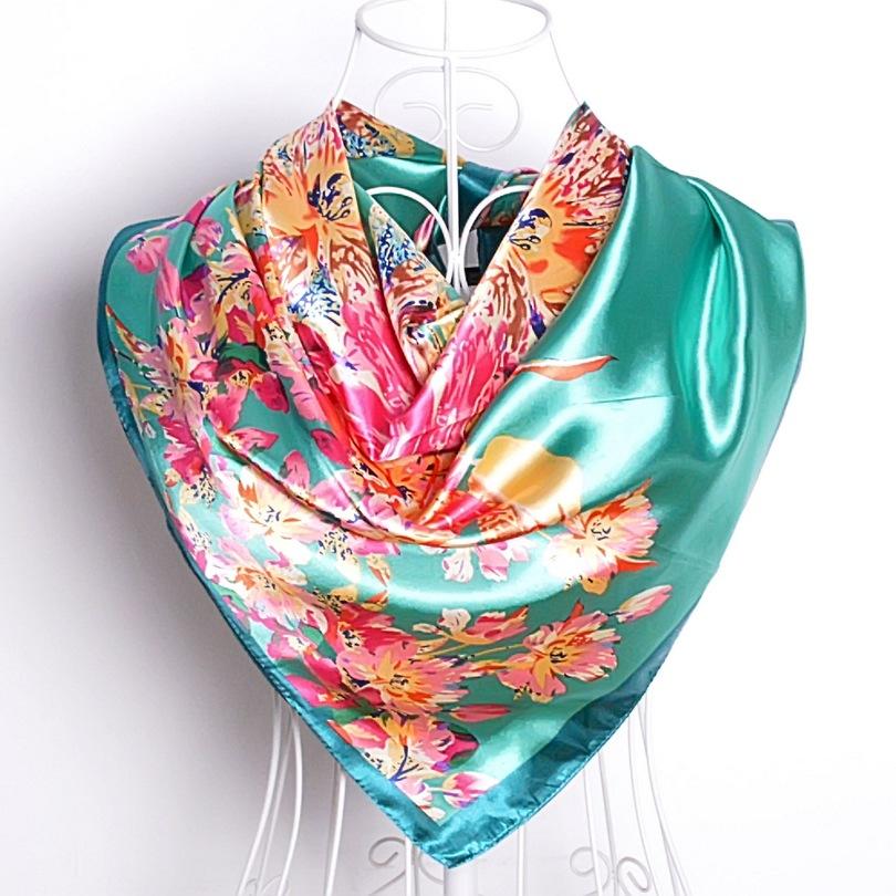 [BYISFA] Ladies Silk Scarf Wraps Europe Style Design Satin Big Square Scarf Printed New Brand Women Blue Silk Scarf  90*90cm