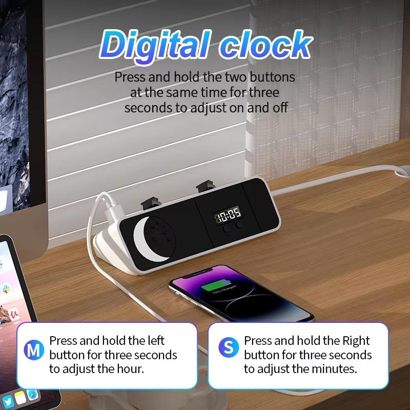 EU Angle Extension Power Strip With Night Light Clock 2 USB 2 Type‑C Ports for Desktop Home Indoor Application 1