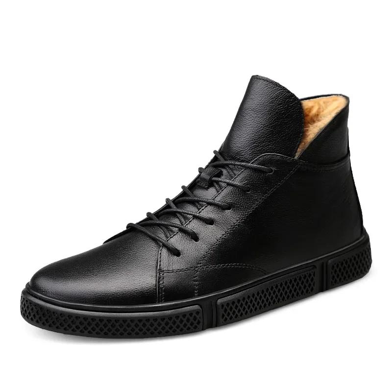 

High-Top Men s Casual Shoes Genuine Leather Loafers Business Daily Leisure Soft High Elastic Bottom Footwear Winter Velvet Warm 46