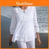 Patchwork T-Shirt aus Baumwolle und Leinen mit Spitzenverzierungen für Damen, Büro-Casual