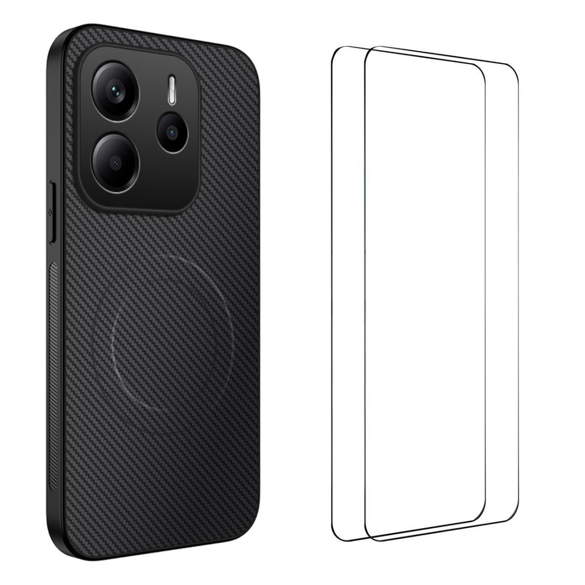 

For Xiaomi Redmi Note 14 5G Magnetic Case WANLONFENG TQ1 Series Carbon Fiber Texture PC TPU Phone Cover with 2Pcs Screen Films Black